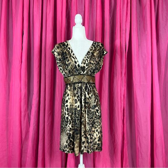Unyx leopard print beaded waist  wrap bust dress, size small - Picture 1 of 8
